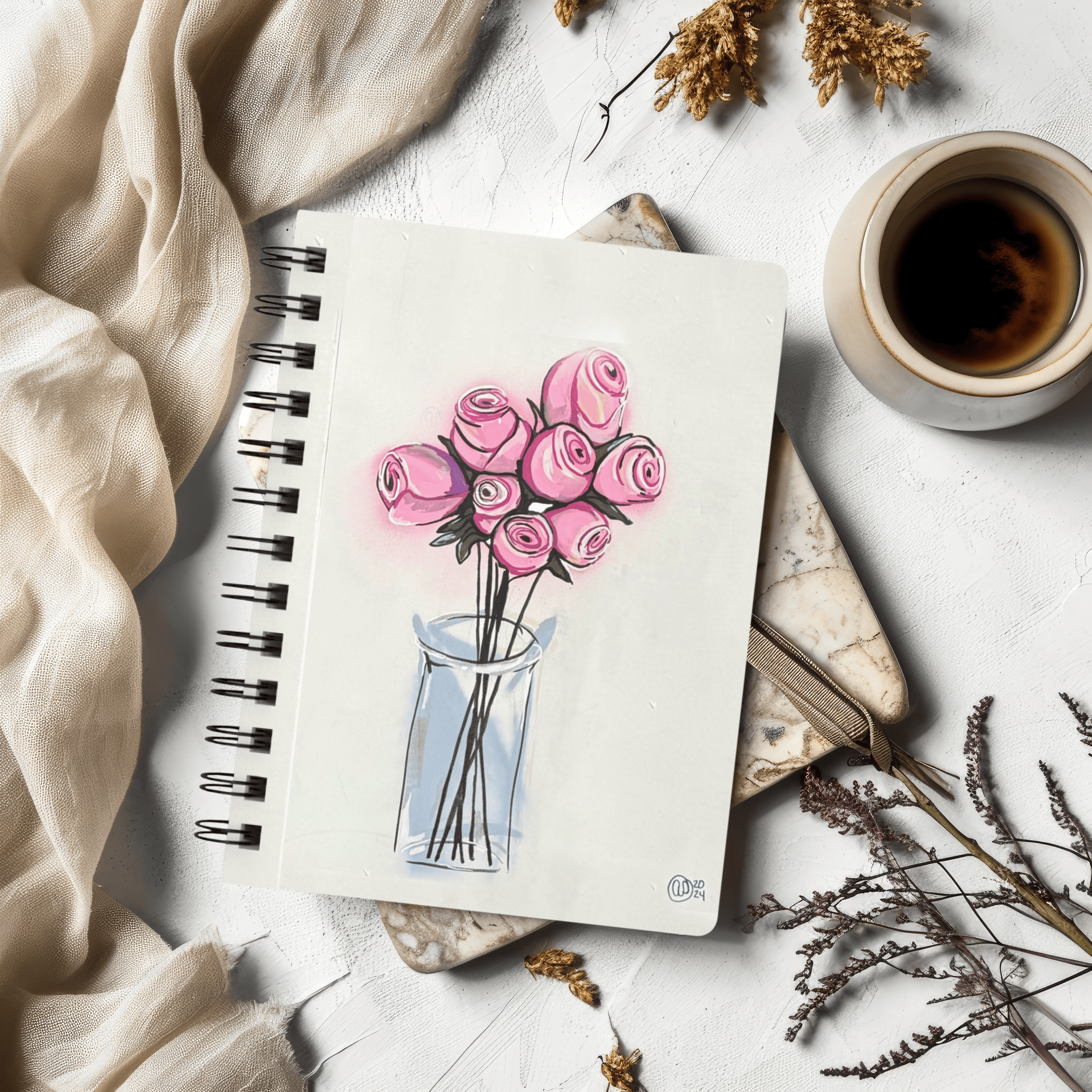 8 Pink Roses - Spiral Journal